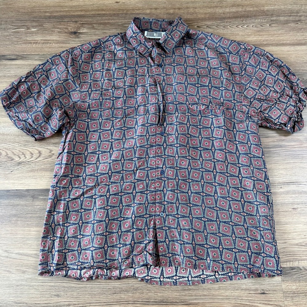 VTG Addiction Men Silk Short Sleeve Button Up Shirt Geometric Blue 80s 90s Large